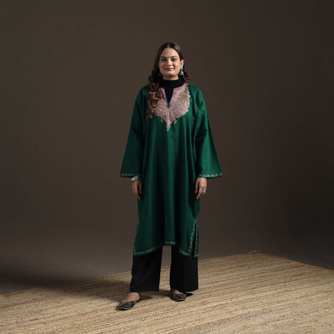 Green - Kashmiri Sozni Hand Embroidered Handwoven Merino Wool Pheran 08