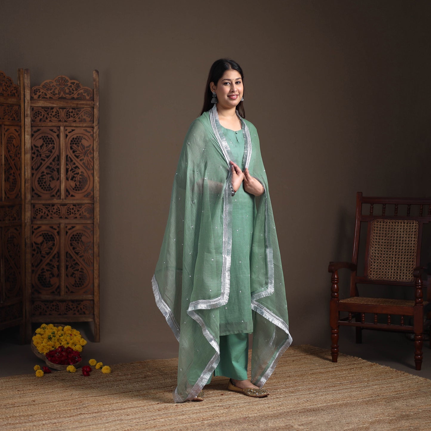 Sequin Work Plain Kota Doria Cotton Suit Set with Lace Work Dupatta for Women 20