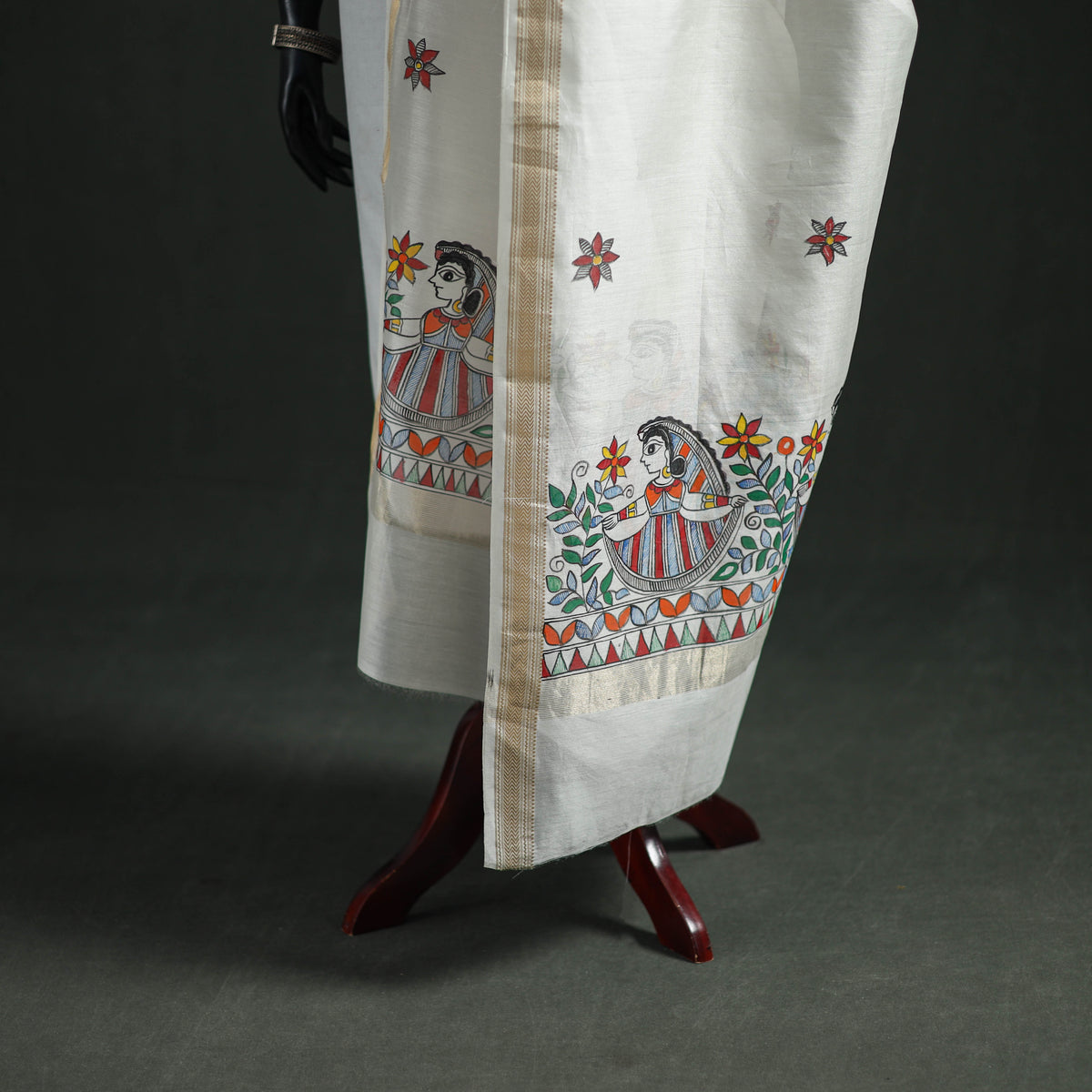Handloom Chanderi Silk Handpainted Madhubani Dupatta with Zari Border 10