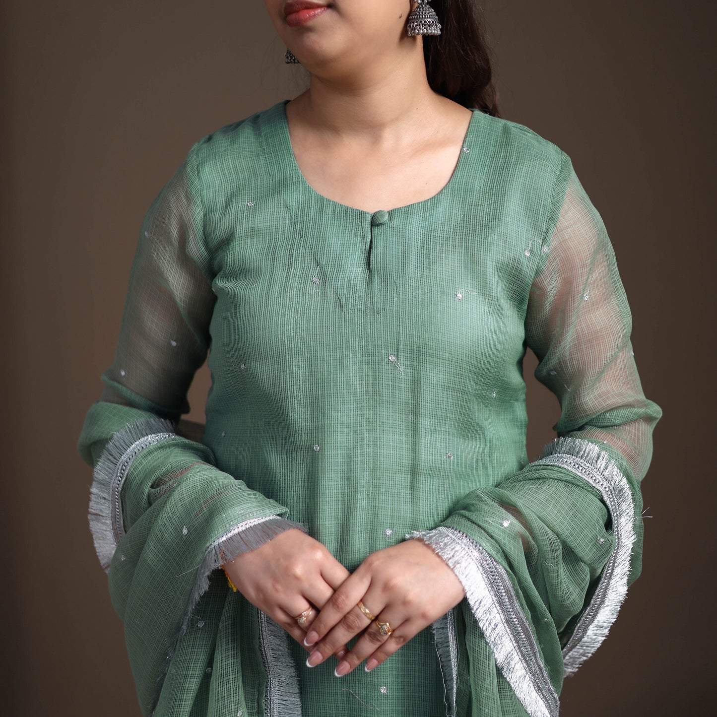 Sequin Work Plain Kota Doria Cotton Suit Set with Lace Work Dupatta for Women 20