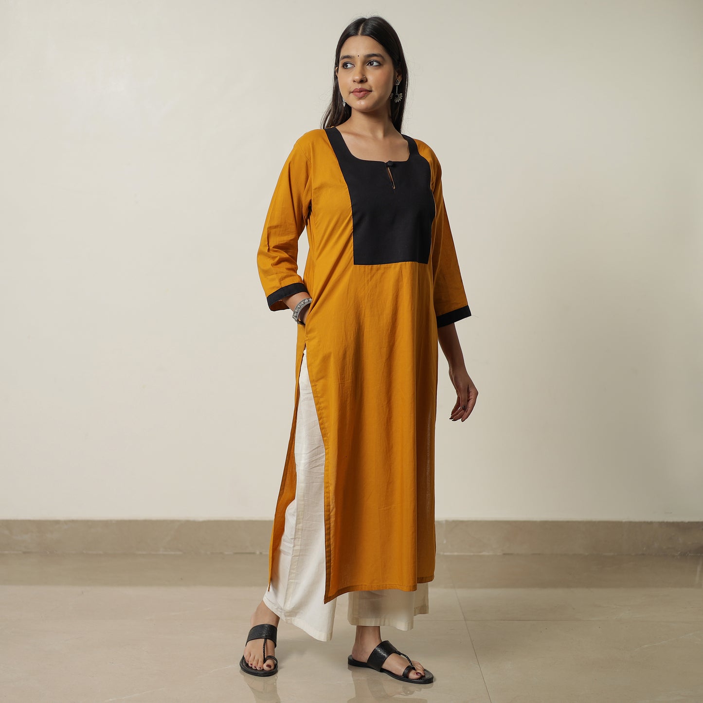 Yellow - Plain Cotton Long Kurta 30