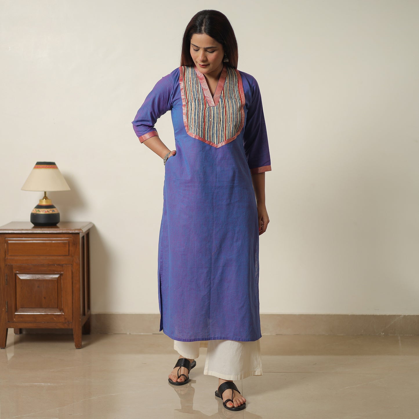 Blue - Dharwad Cotton Straight Kurta with Ajrakh Patchwork 17