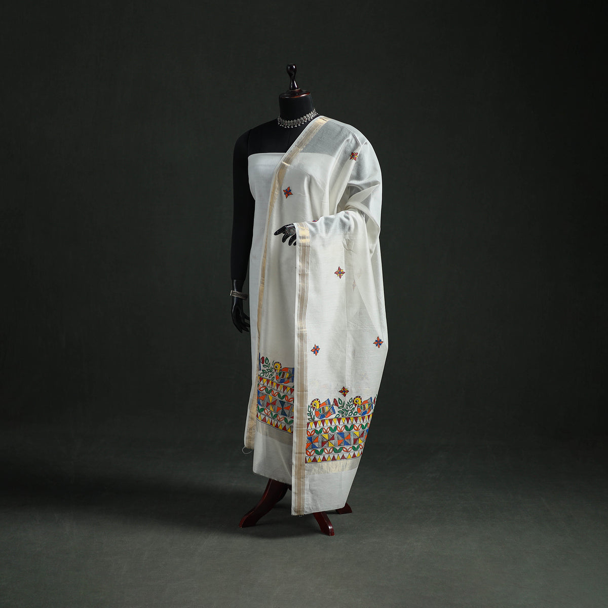 Handloom Chanderi Silk Handpainted Madhubani Dupatta with Zari Border 11