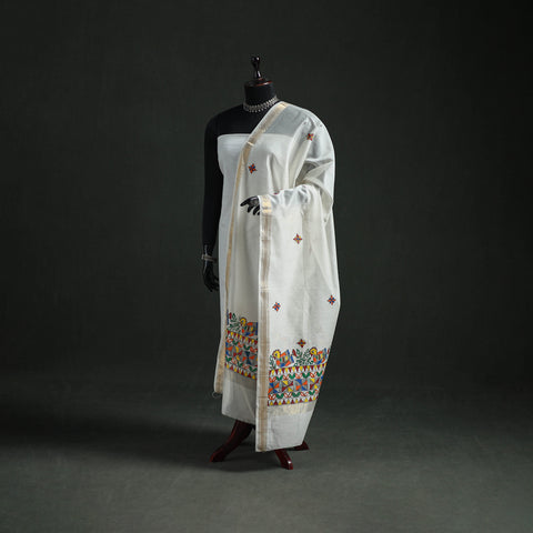 White - Handloom Chanderi Silk Handpainted Madhubani Dupatta with Zari Border 11