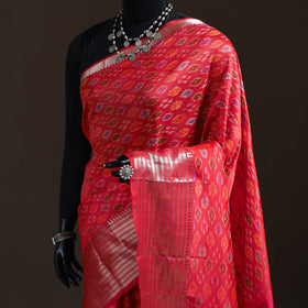 Pink - Traditional Pochampally Ikat Handwoven Pure Silk Pattu Saree with Rudraksha Border 04
