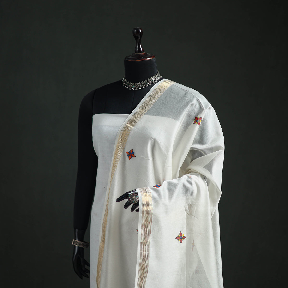 Handloom Chanderi Silk Handpainted Madhubani Dupatta with Zari Border 11