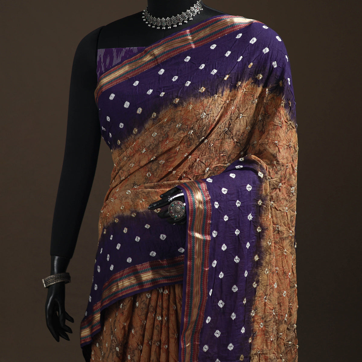 Brown - Kutch Rai Bandhani Pure Mul Cotton Saree with Blouse Piece 40