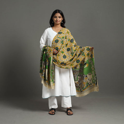 Yellow - Printed Silk Cotton Kalamkari Dupatta 13