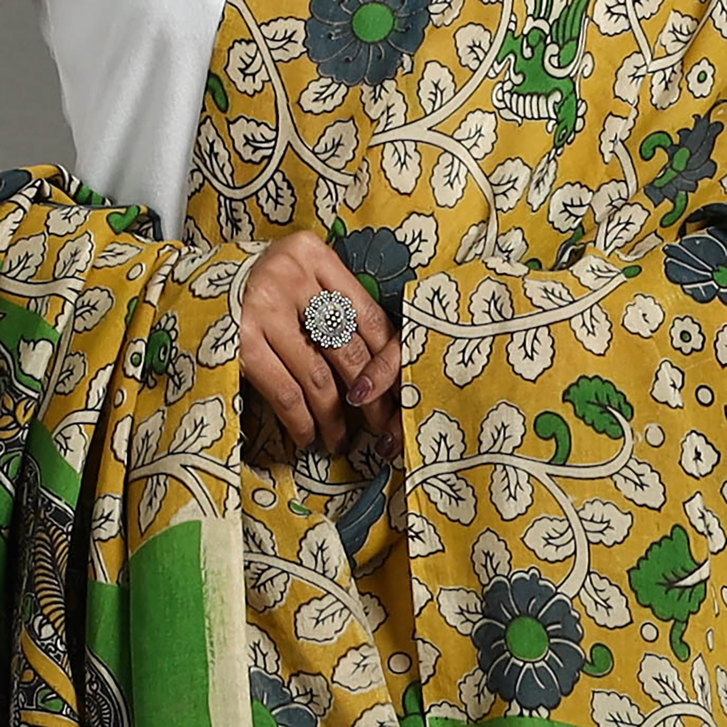 Yellow - Printed Silk Cotton Kalamkari Dupatta 13