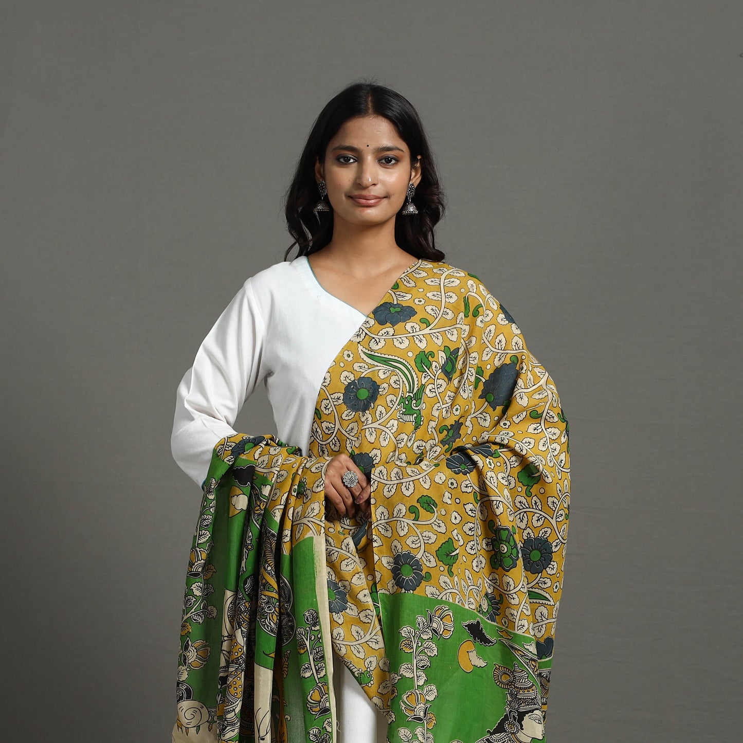 Yellow - Printed Silk Cotton Kalamkari Dupatta 13