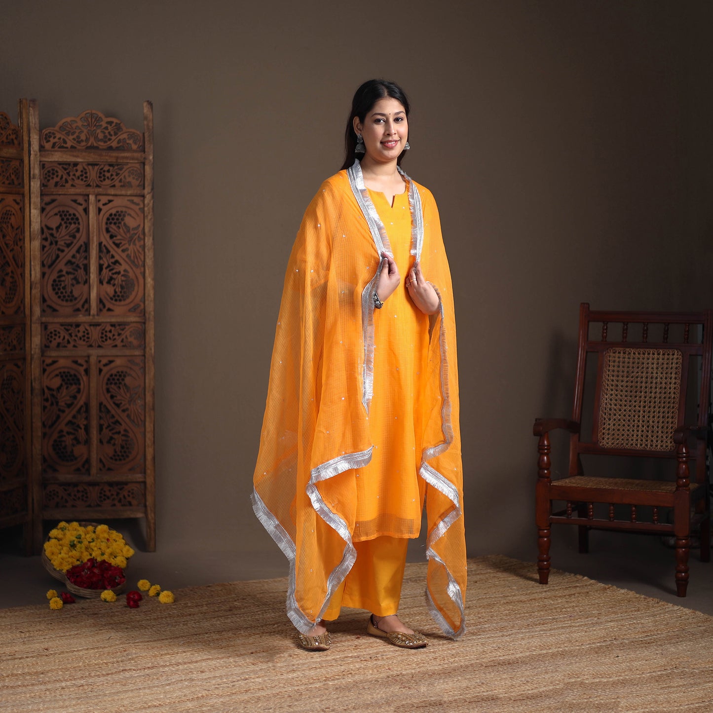Sequin Work Plain Kota Doria Cotton Suit Set with Lace Work Dupatta for Women 15