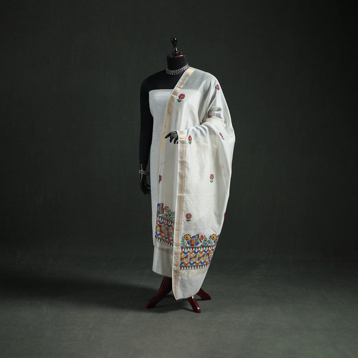 Handloom Chanderi Silk Handpainted Madhubani Dupatta with Zari Border 12