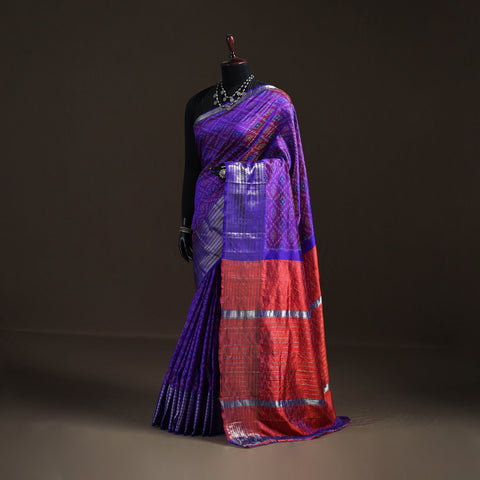 Purple - Traditional Pochampally Ikat Handwoven Pure Silk Pattu Saree with Rudraksha Border 05