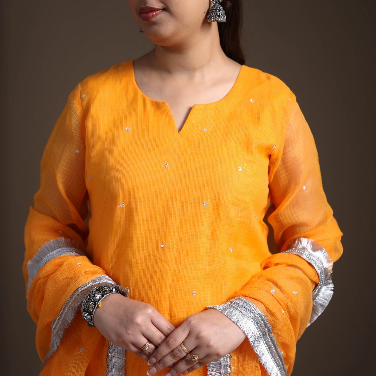 Sequin Work Plain Kota Doria Cotton Suit Set with Lace Work Dupatta for Women 15
