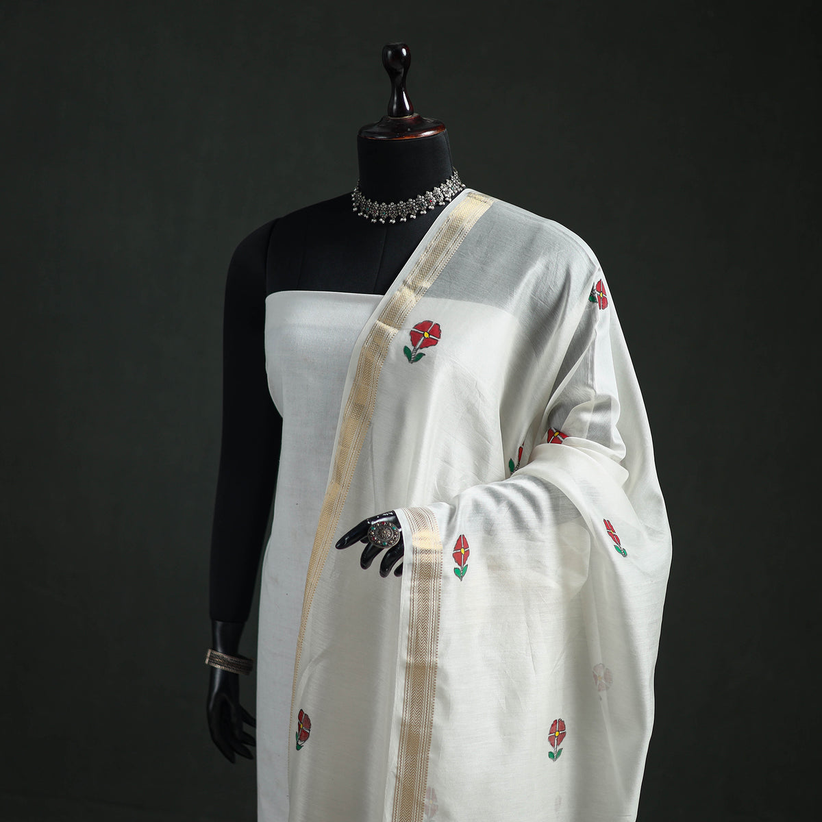 Handloom Chanderi Silk Handpainted Madhubani Dupatta with Zari Border 12