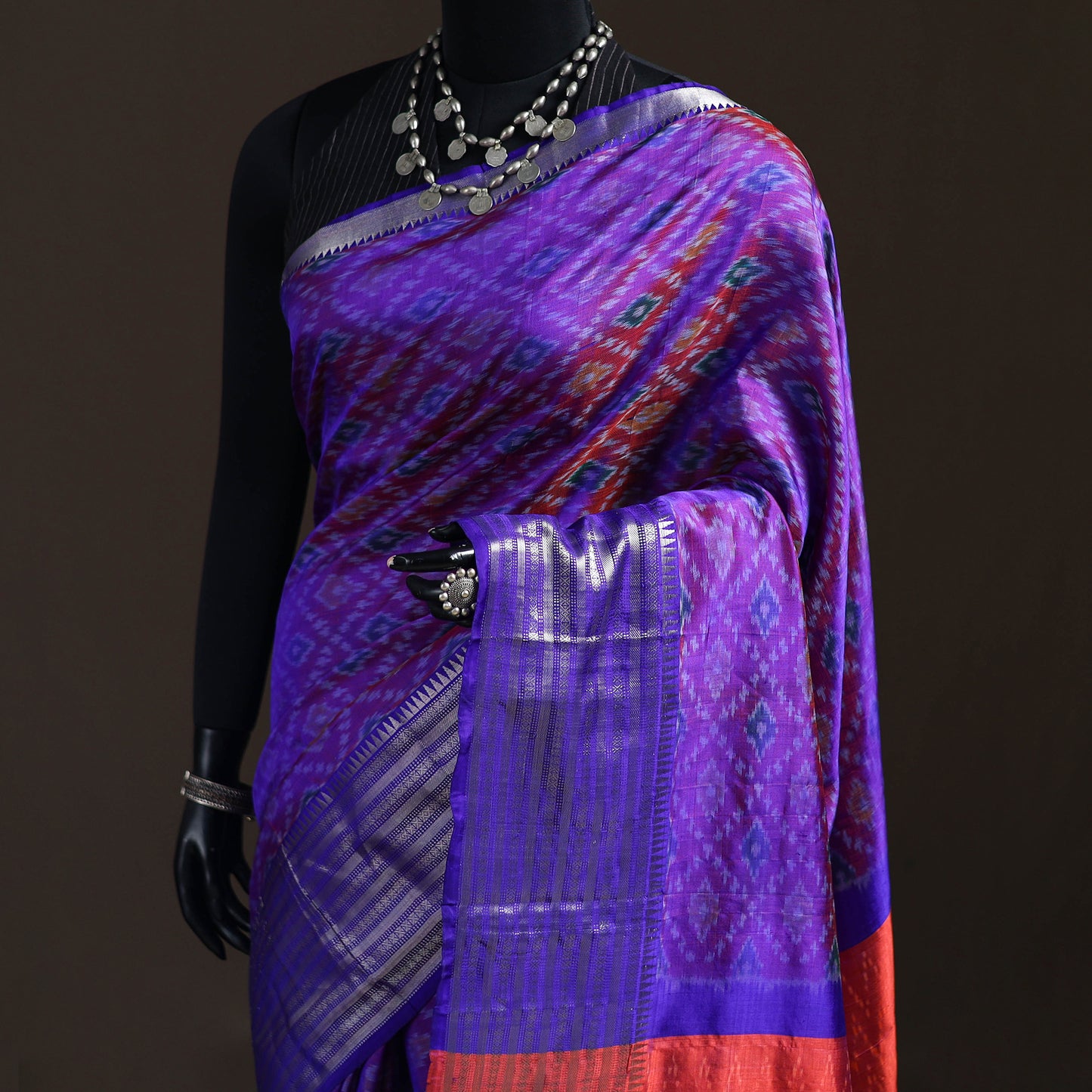 Purple - Traditional Pochampally Ikat Handwoven Pure Silk Pattu Saree with Rudraksha Border 05