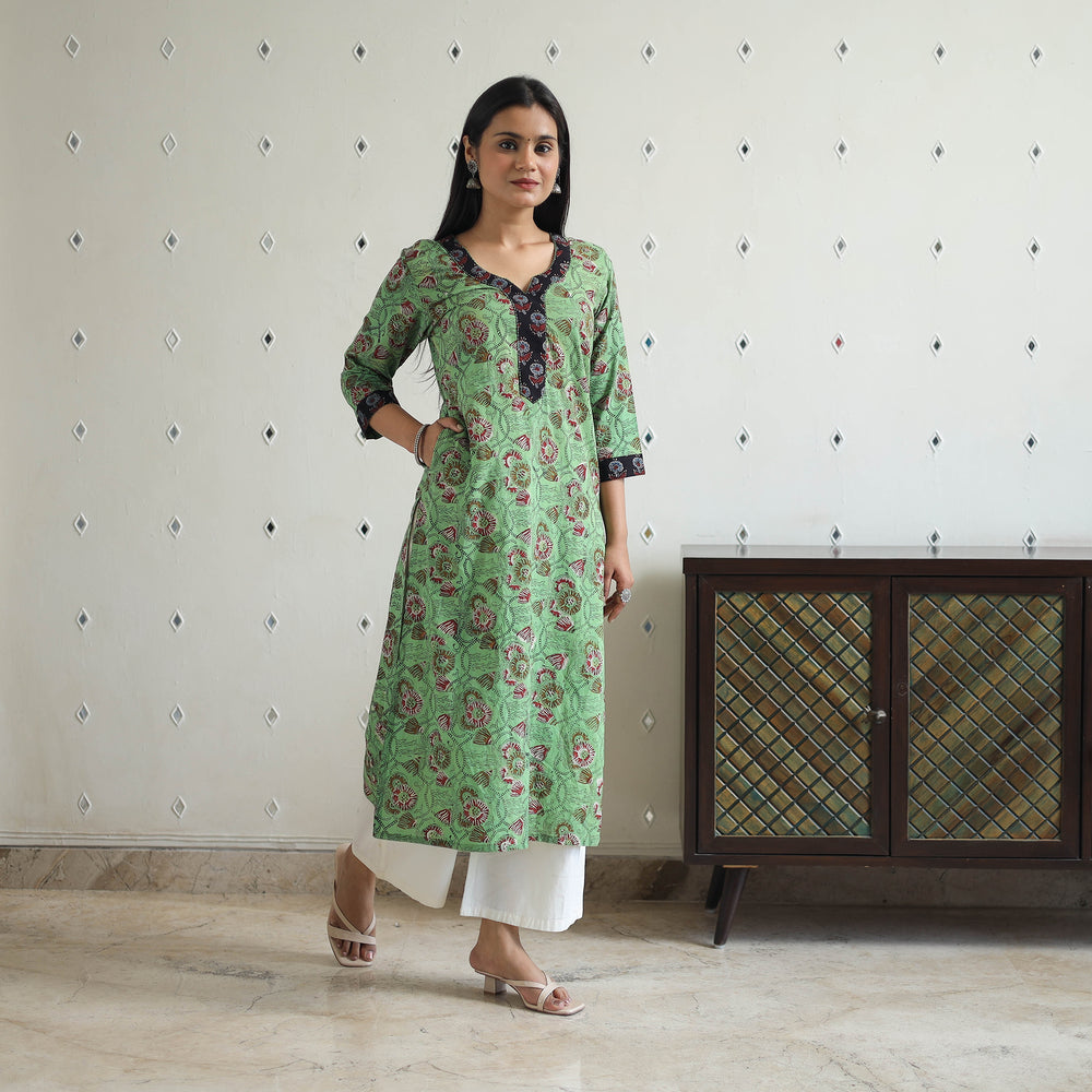 Green - Jahota Block Print Cotton Straight Kurta 19