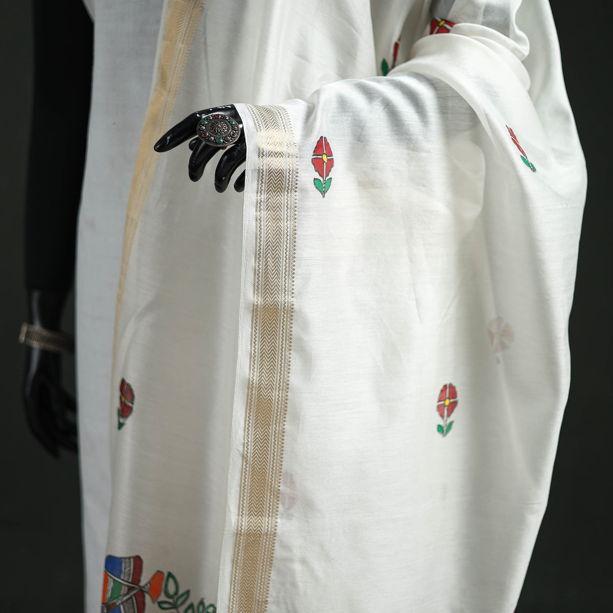 Handloom Chanderi Silk Handpainted Madhubani Dupatta with Zari Border 12