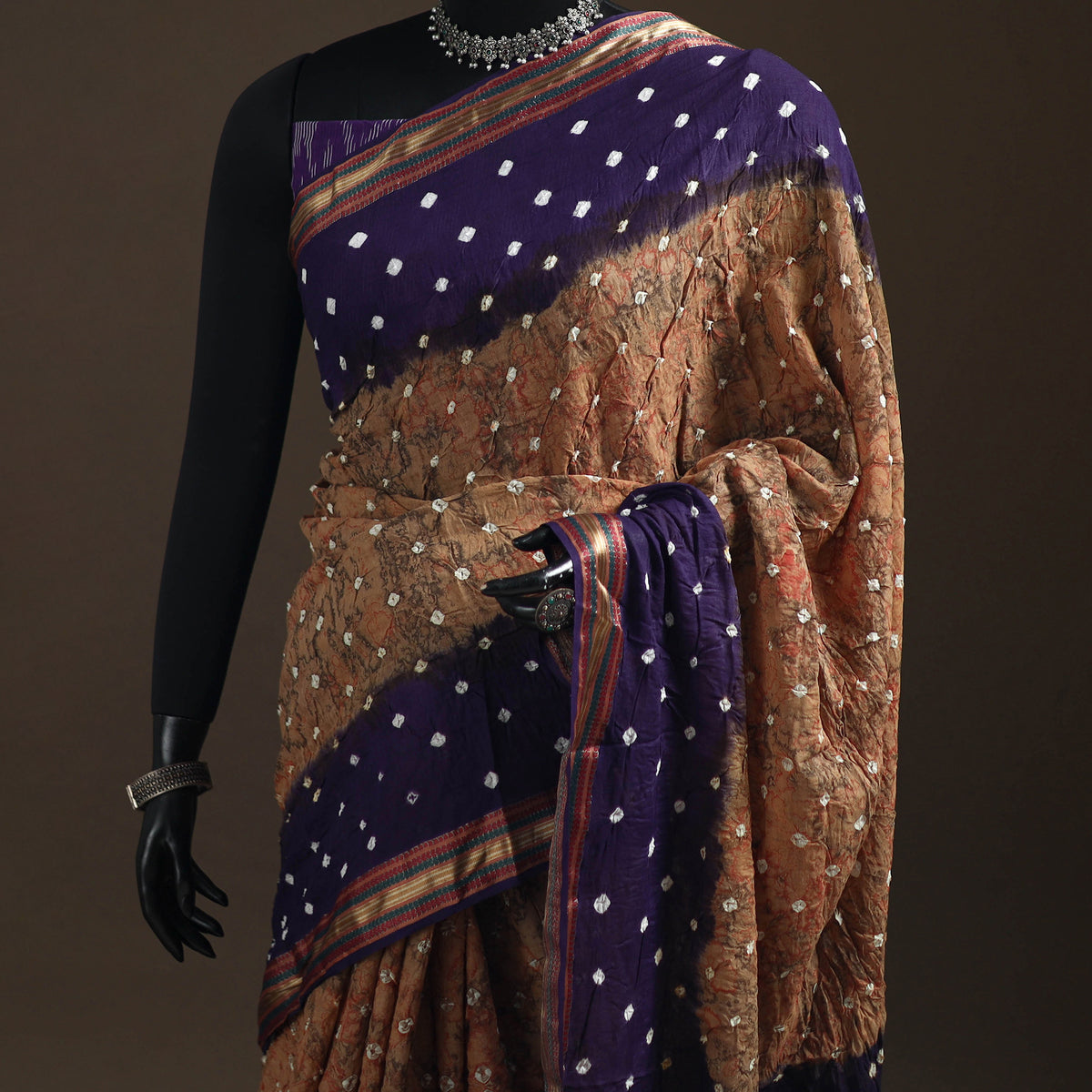 Brown - Kutch Rai Bandhani Pure Mul Cotton Saree with Blouse Piece 39