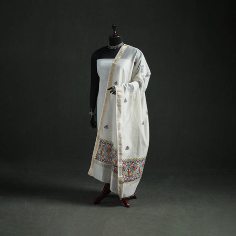 White - Handloom Chanderi Silk Handpainted Madhubani Dupatta with Zari Border 13