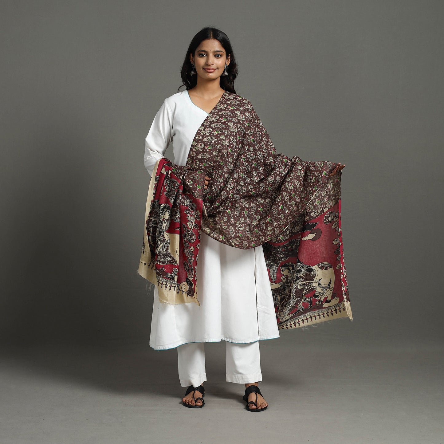 Brown - Printed Silk Cotton Kalamkari Dupatta 15