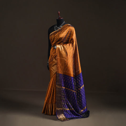 Orange - Traditional Pochampally Ikat Handwoven Pure Silk Pattu Saree with Rudraksha Border 06