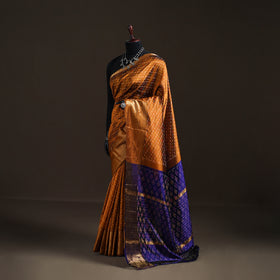Orange - Traditional Pochampally Ikat Handwoven Pure Silk Pattu Saree with Rudraksha Border 06