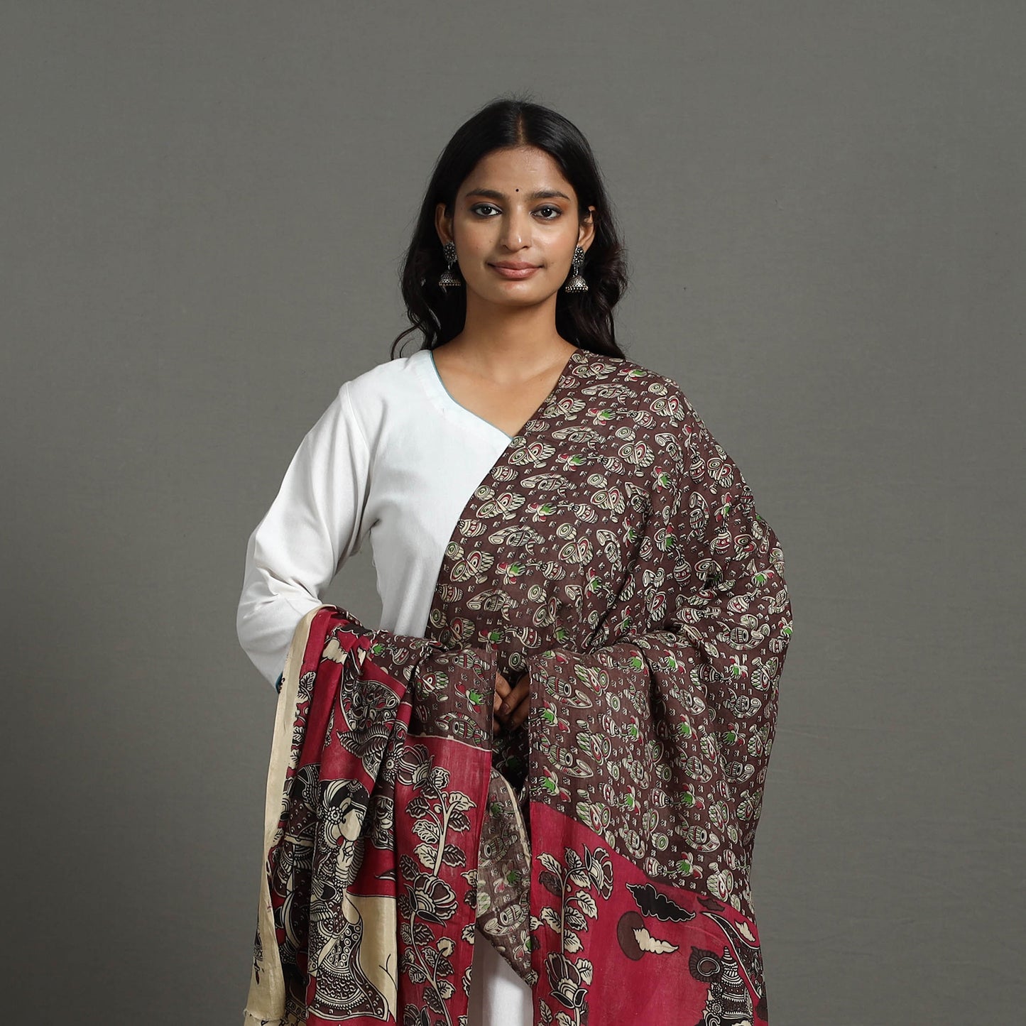 Brown - Printed Silk Cotton Kalamkari Dupatta 15