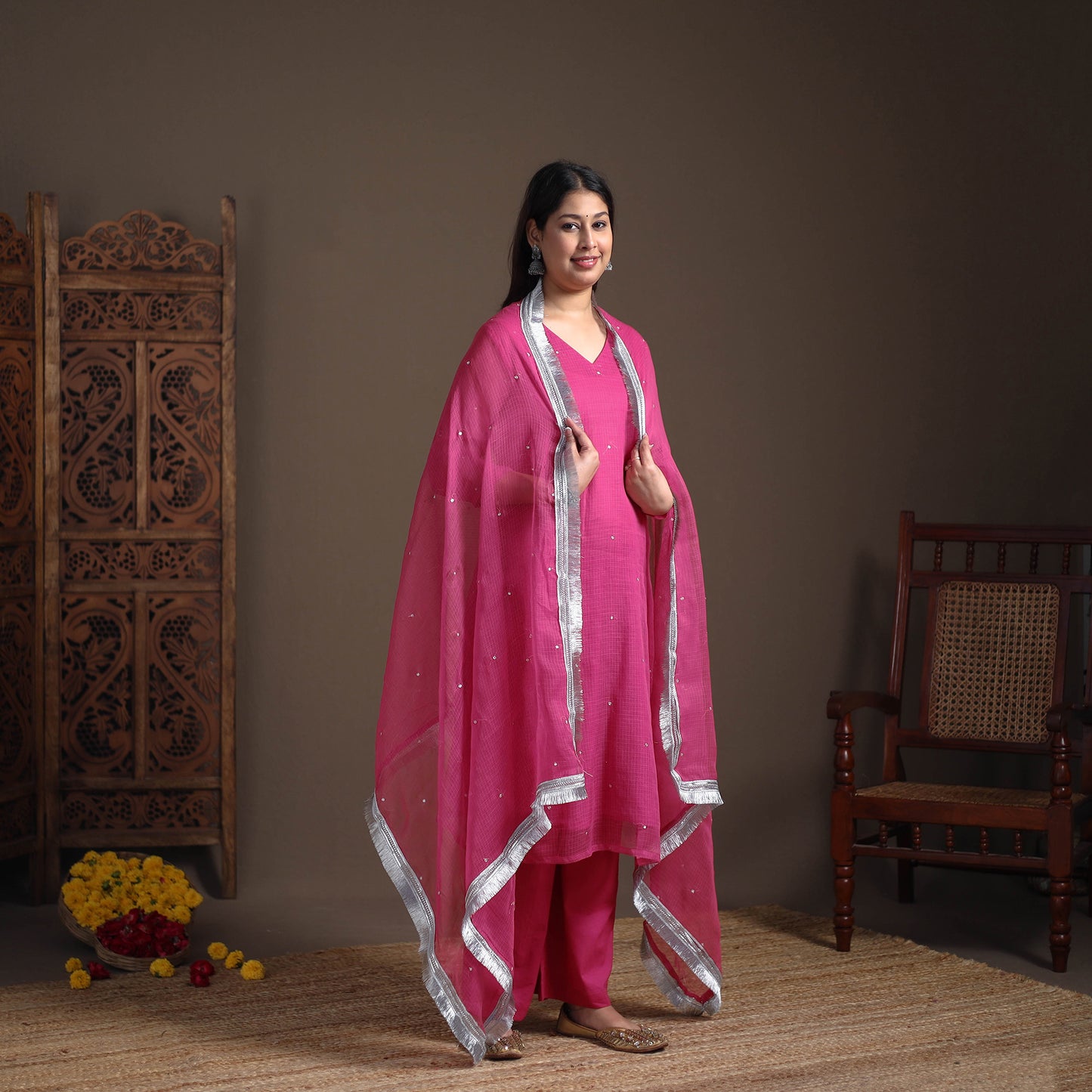 Sequin Work Plain Kota Doria Cotton Suit Set with Lace Work Dupatta for Women 01
