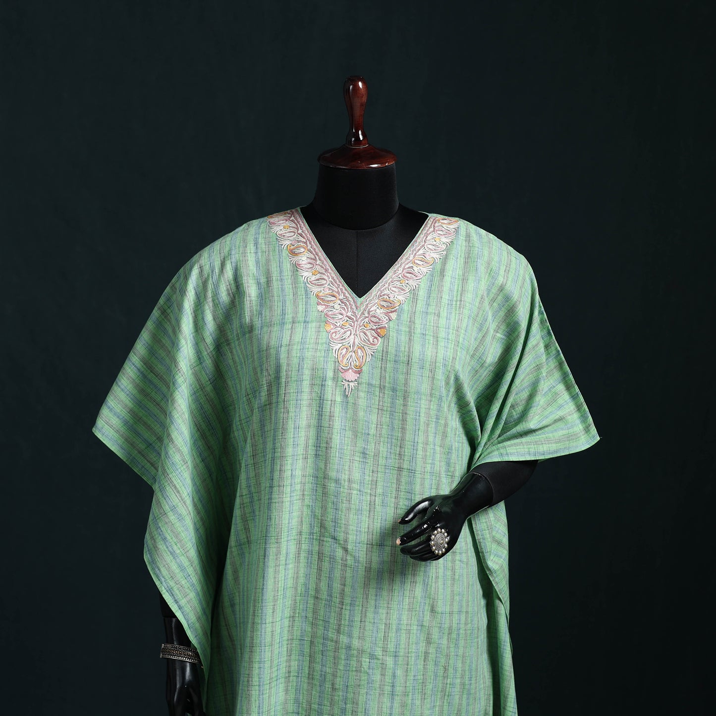 Green - Kashmiri Aari Hand Embroidered Cotton Kaftan (Long) 49