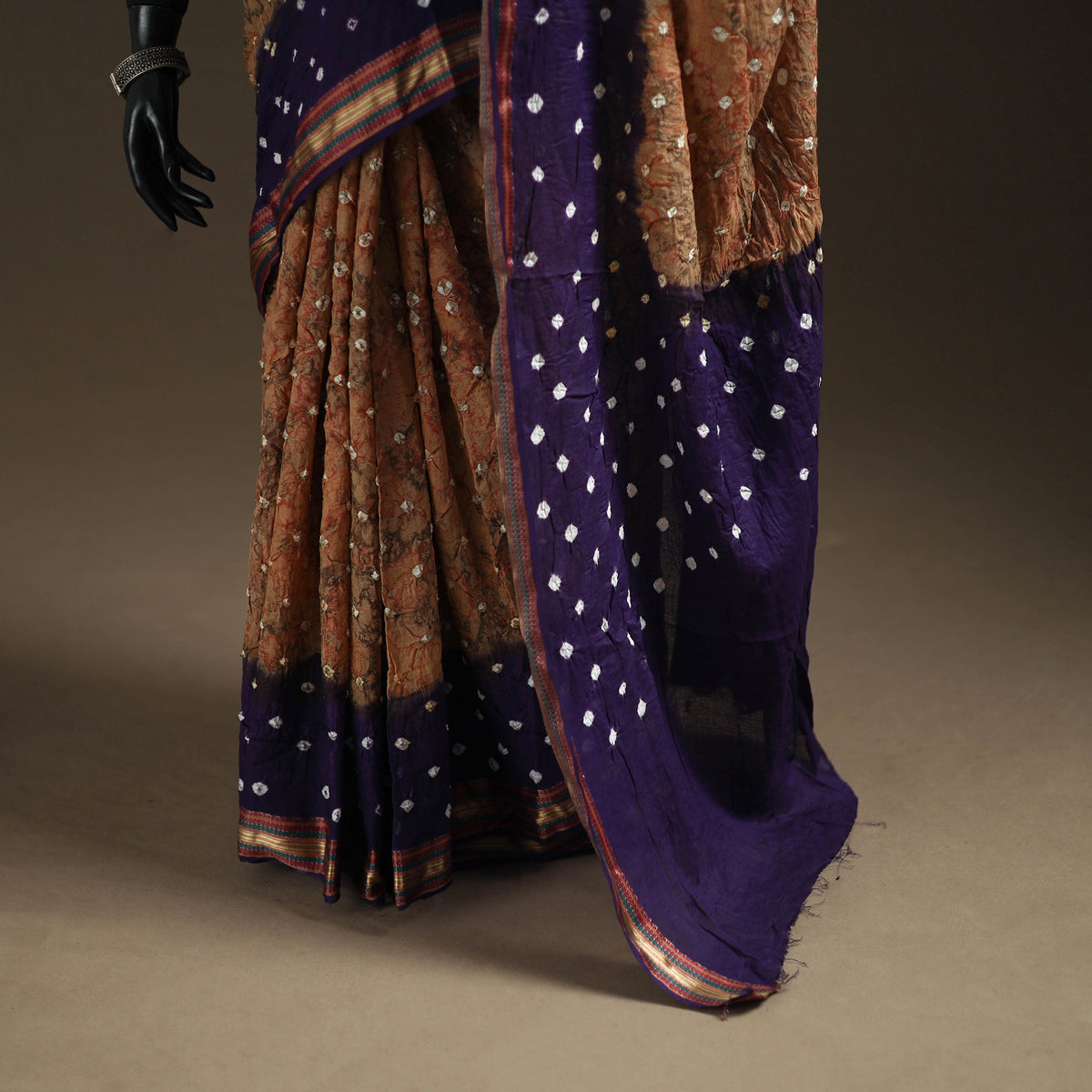 Brown - Kutch Rai Bandhani Pure Mul Cotton Saree with Blouse Piece 39