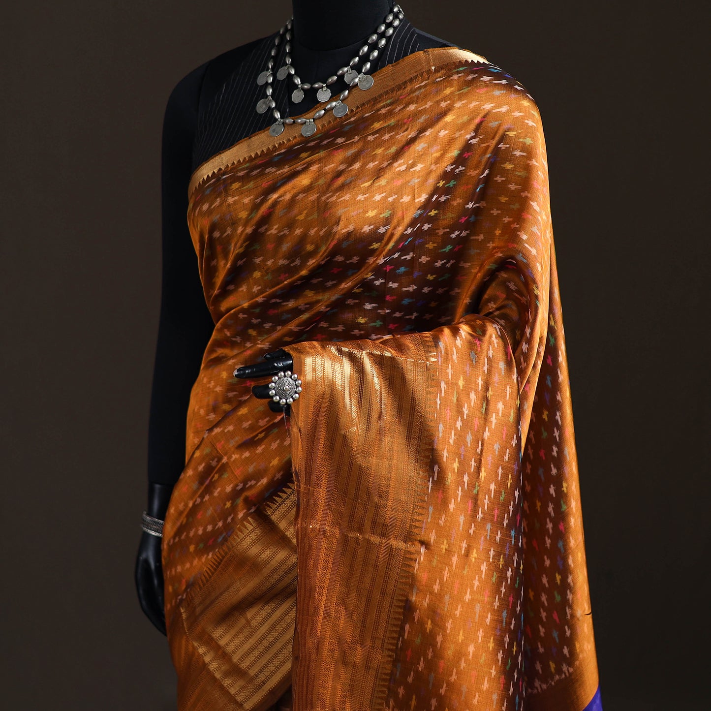 Orange - Traditional Pochampally Ikat Handwoven Pure Silk Pattu Saree with Rudraksha Border 06