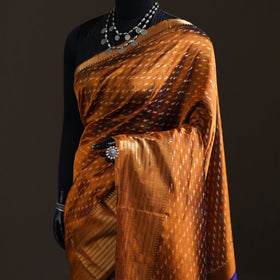 Orange - Traditional Pochampally Ikat Handwoven Pure Silk Pattu Saree with Rudraksha Border 06
