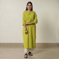 Lemon Green - Plain Cotton Pintuck Long Straight Kurta 29