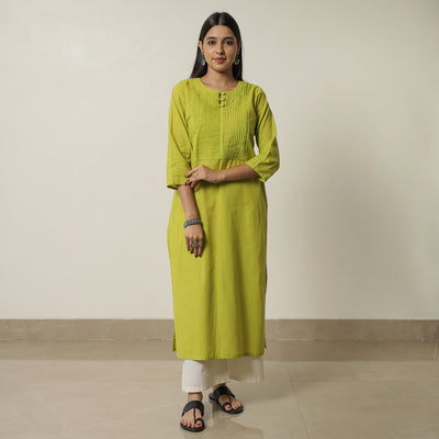 Lemon Green - Plain Cotton Pintuck Long Straight Kurta 29