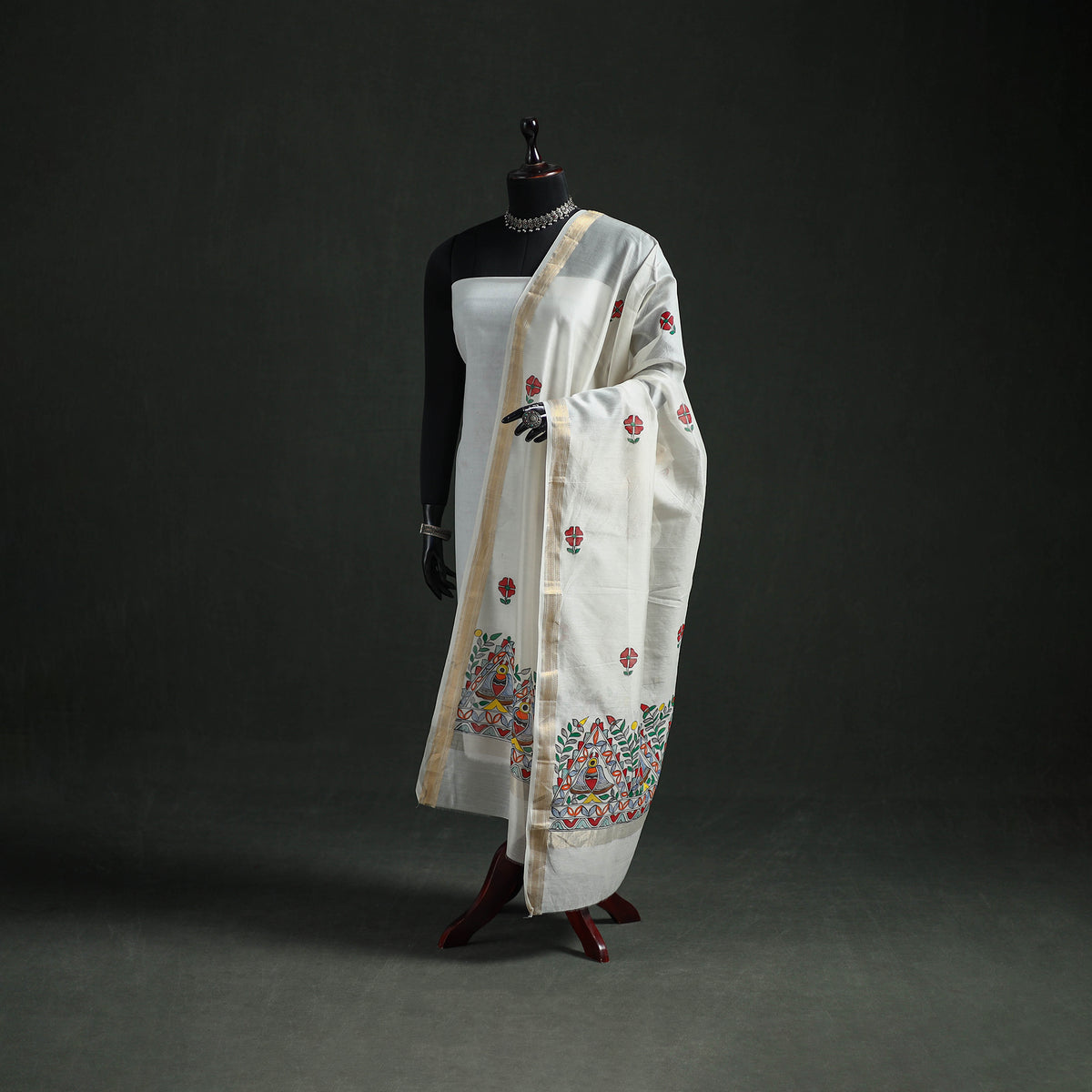 Handloom Chanderi Silk Handpainted Madhubani Dupatta with Zari Border 14
