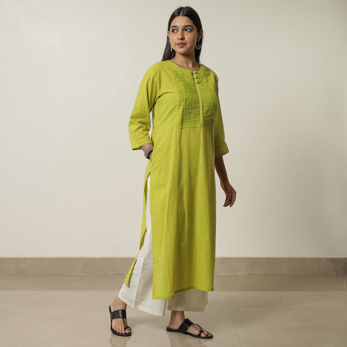 Lemon Green - Plain Cotton Pintuck Long Straight Kurta 29