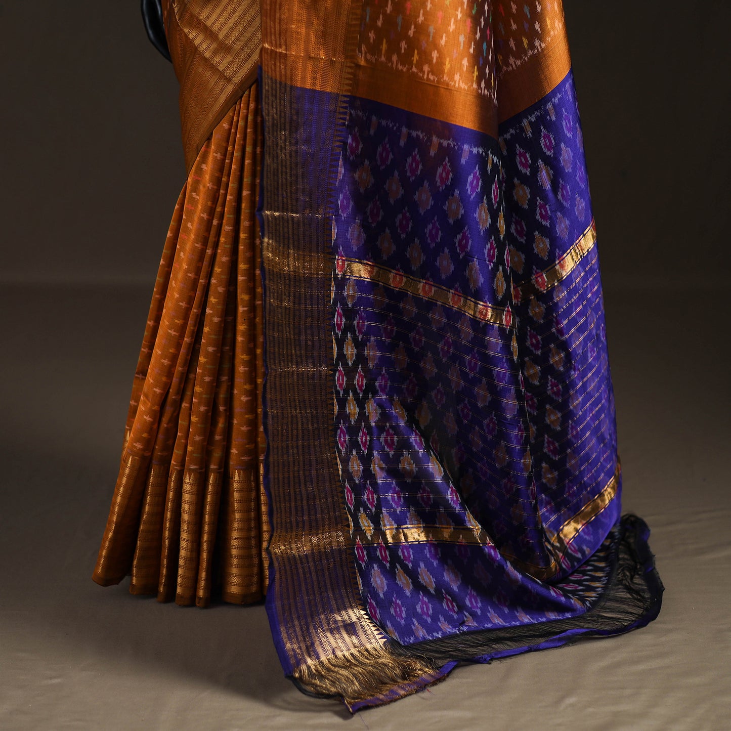 Orange - Traditional Pochampally Ikat Handwoven Pure Silk Pattu Saree with Rudraksha Border 06