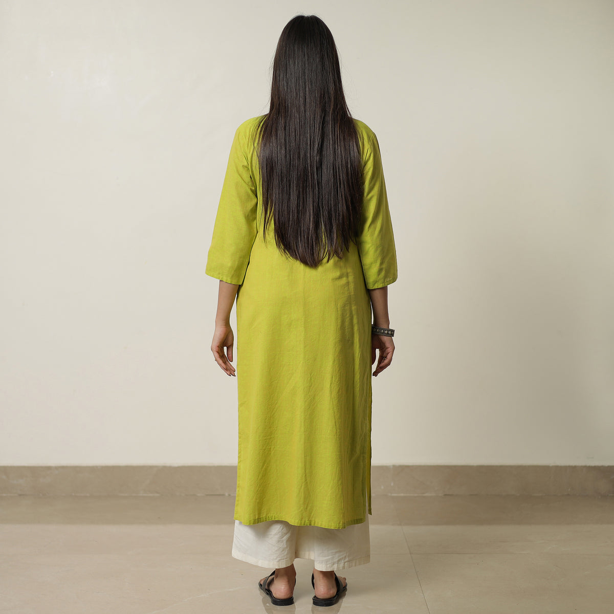 Lemon Green - Plain Cotton Pintuck Long Straight Kurta 29