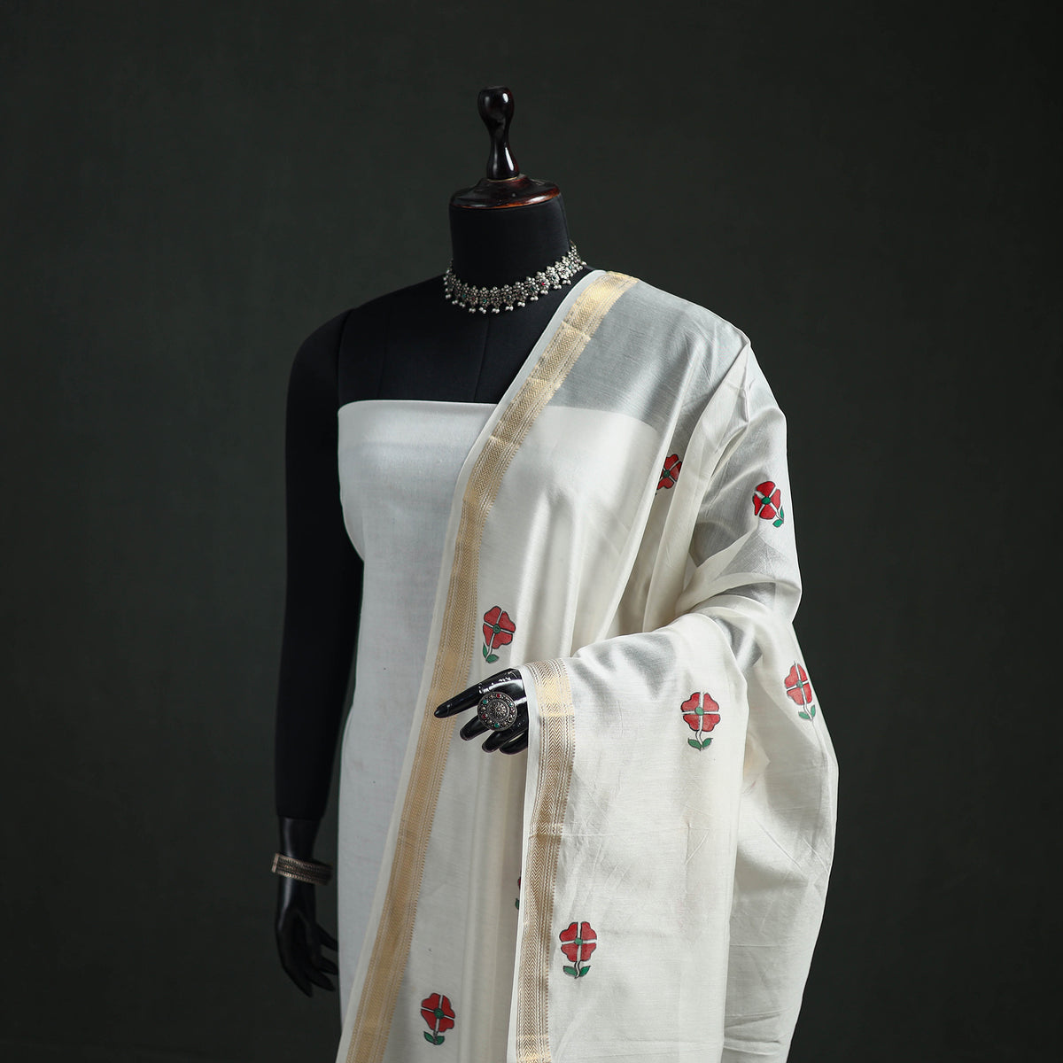 Handloom Chanderi Silk Handpainted Madhubani Dupatta with Zari Border 14