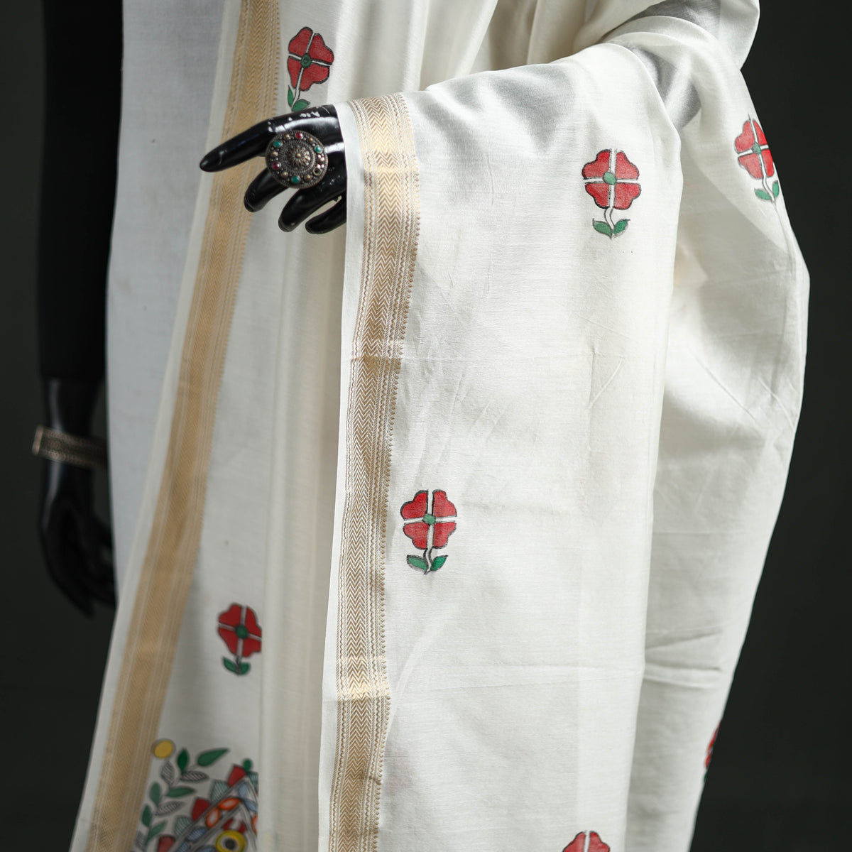Handloom Chanderi Silk Handpainted Madhubani Dupatta with Zari Border 14
