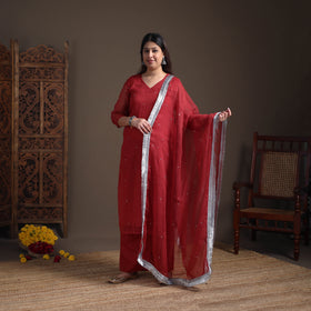 Sequin Work Plain Kota Doria Cotton Suit Set with Lace Work Dupatta for Women 02