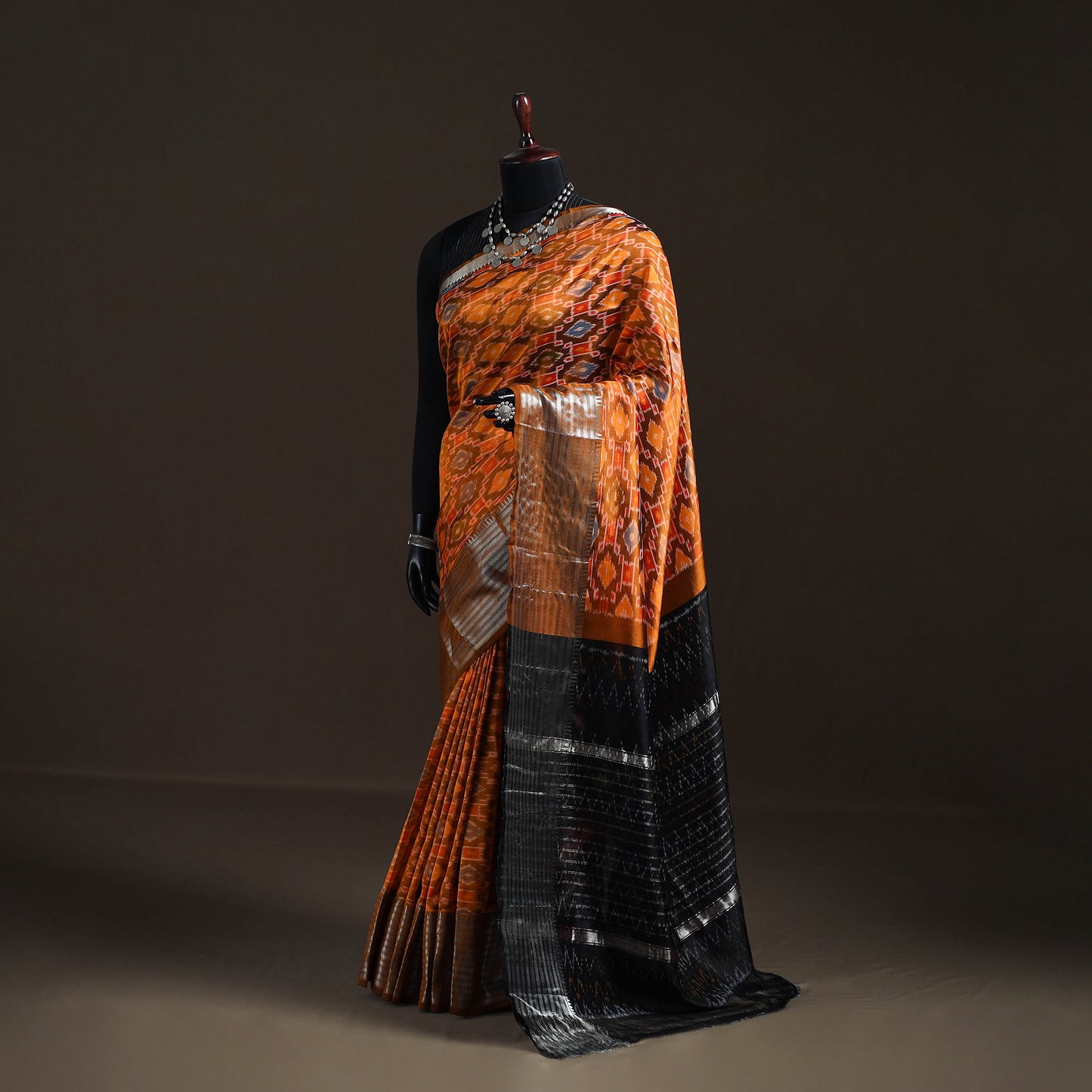 Orange - Traditional Pochampally Ikat Handwoven Pure Silk Pattu Saree with Rudraksha Border 07