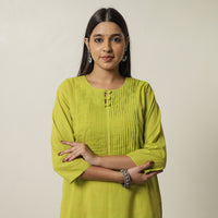 Lemon Green - Plain Cotton Pintuck Long Straight Kurta 29