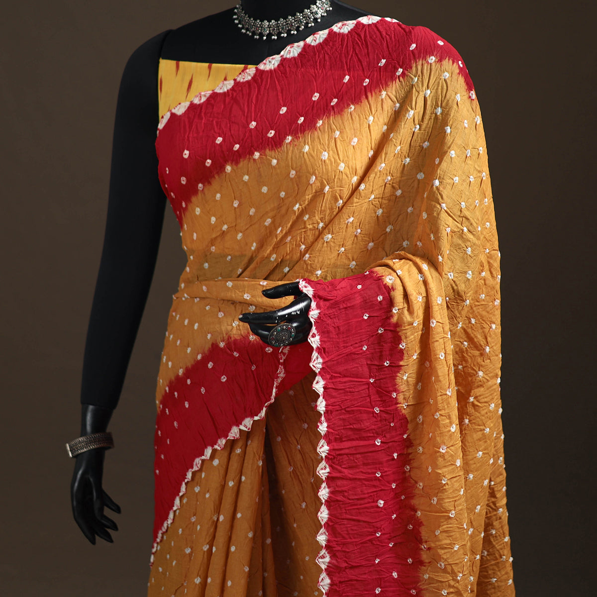 Yellow - Kutch Rai Bandhani Pure Mul Cotton Saree with Blouse Piece 38