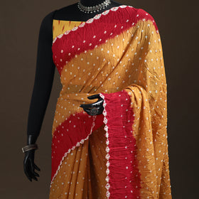 Yellow - Kutch Rai Bandhani Pure Mul Cotton Saree with Blouse Piece 38