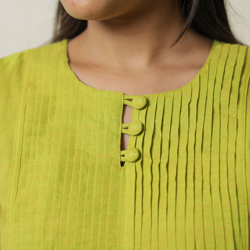 Lemon Green - Plain Cotton Pintuck Long Straight Kurta 29