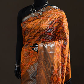 Orange - Traditional Pochampally Ikat Handwoven Pure Silk Pattu Saree with Rudraksha Border 07