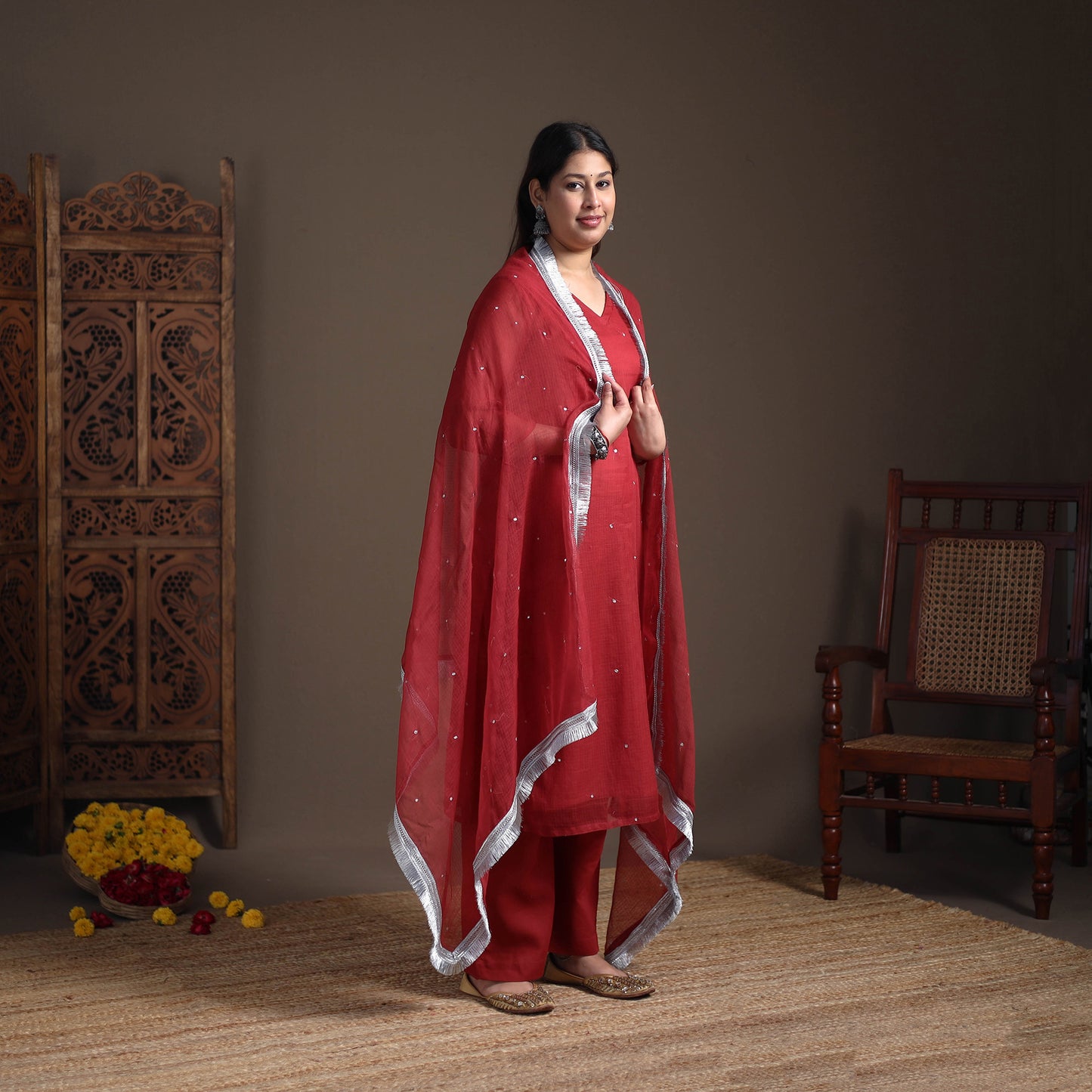 Sequin Work Plain Kota Doria Cotton Suit Set with Lace Work Dupatta for Women 02