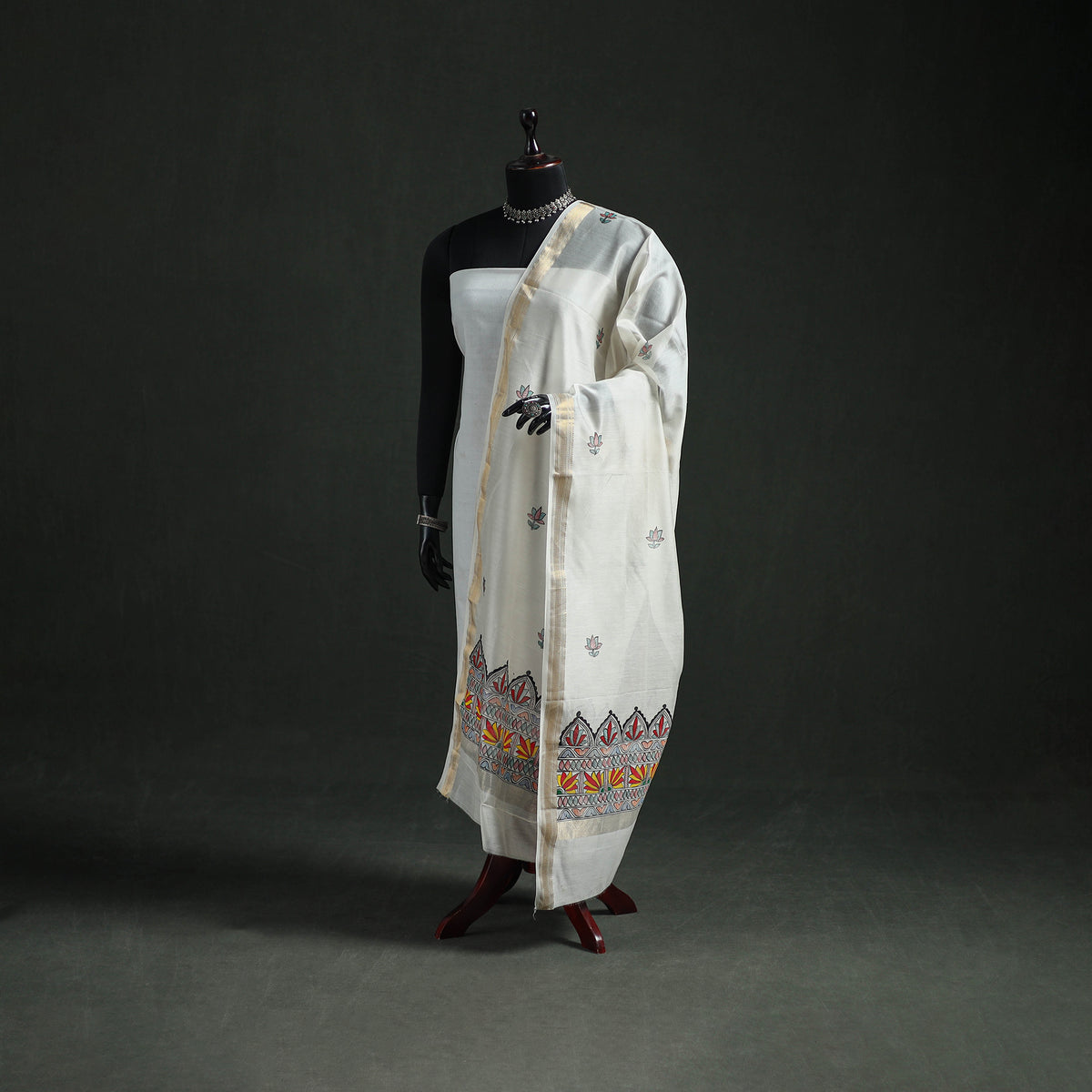 Handloom Chanderi Silk Handpainted Madhubani Dupatta with Zari Border 15